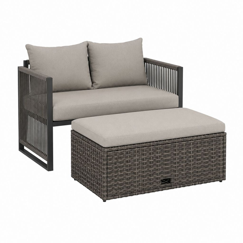 2-teiliges Gartensessel-Set Grau aus PE-Rattan und Stahl mit Polstern 84 x 76 x 72 cm