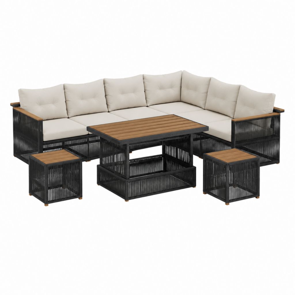 6-teiliges Gartenlounge Set L-Form Schwarz Beige mit PE-Geflecht Stahl und Akazienholz 220 x 220 x 78 cm
