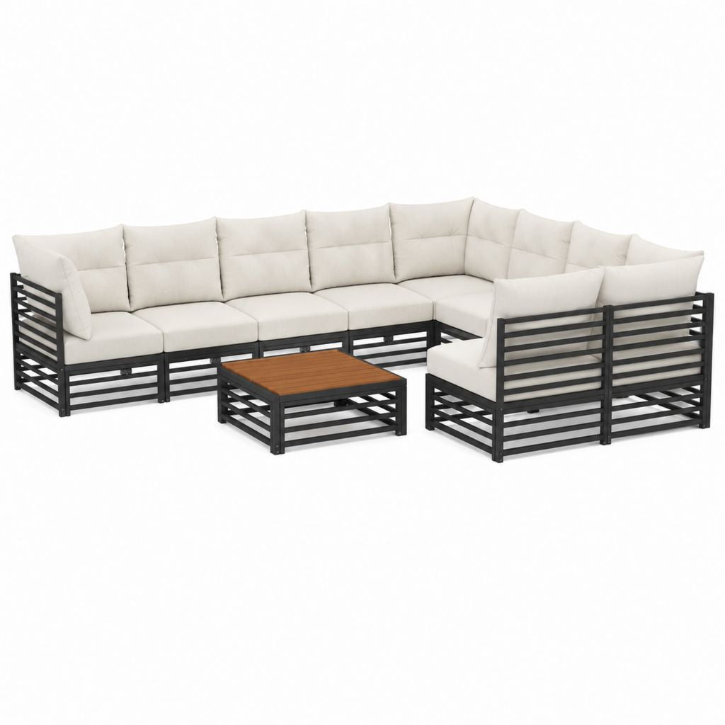 Gartenlounge Set U-Form Schwarz Aluminium mit cremefarbenen Polyesterkissen 310 x 235 x 70 cm