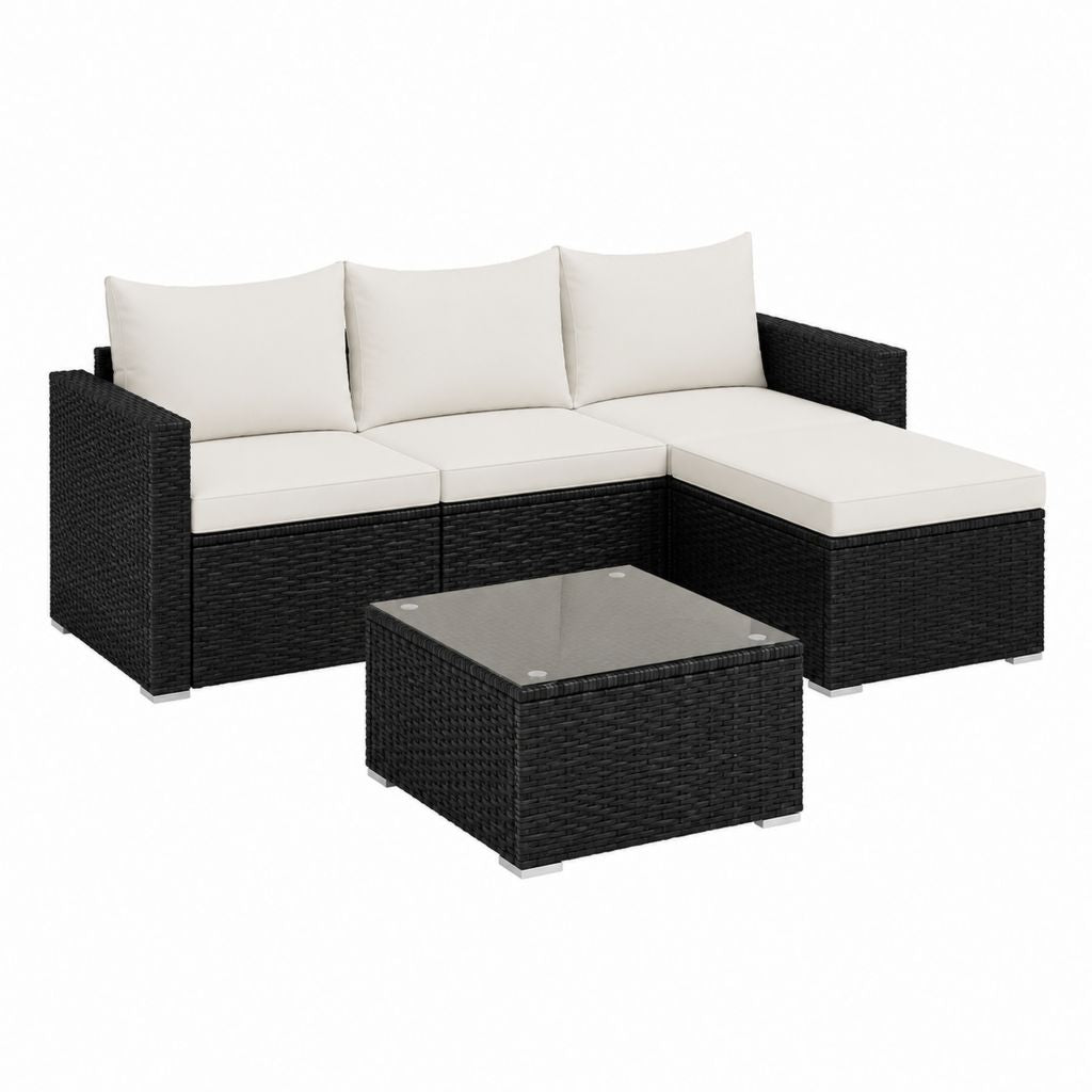 Gartenlounge Set Schwarz Polyrattan mit Cremefarbenen Polyesterkissen L-Form 195 x 139 x 63 cm und Glastisch 60 x 60 cm