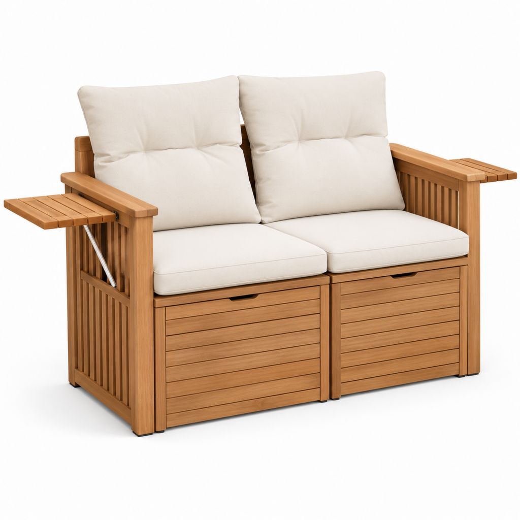 2-Sitzer Gartensofa aus Akazienholz Natur mit cremefarbenen Polyesterkissen 160 x 80 x 88 cm
