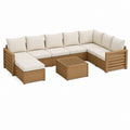 Gartenlounge Set aus massivem Akazienholz natur mit cremefarbenen Polyesterkissen U-Form 300 x 230 cm