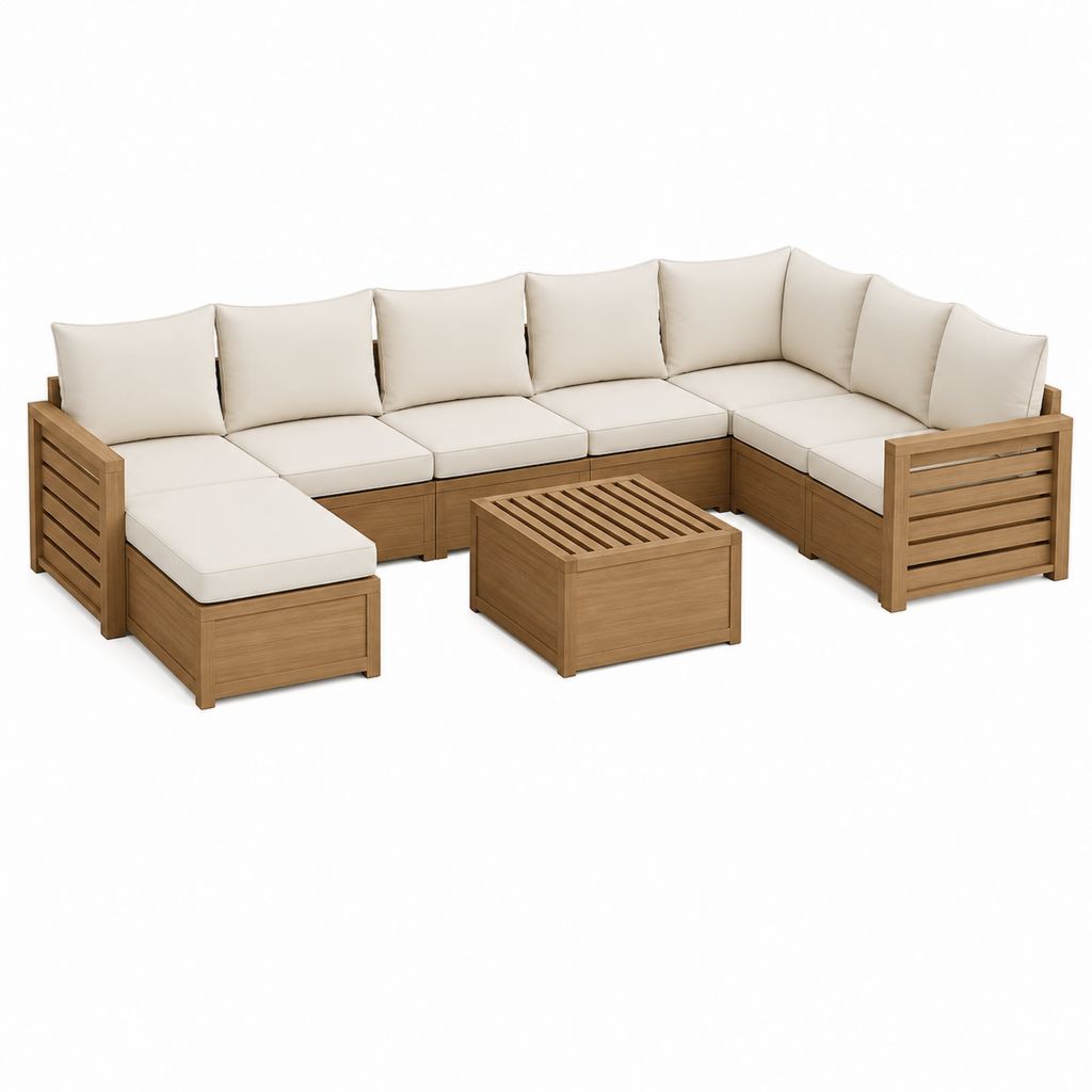 Gartenlounge Set aus massivem Akazienholz natur mit cremefarbenen Polyesterkissen U-Form 300 x 230 cm