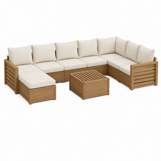 Gartenlounge Set aus massivem Akazienholz natur mit cremefarbenen Polyesterkissen U-Form 300 x 230 cm