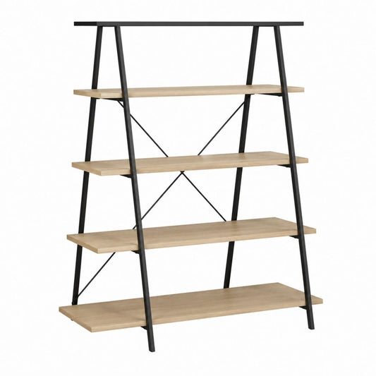 Bücherregal 4 Ebenen Eichenoptik MDF Stahl Schwarz 120 x 40 x 180 cm