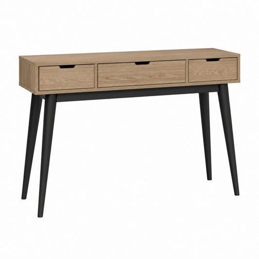 Konsolentisch mit 3 Schubladen in Eichenoptik und Schwarz aus MDF und Kautschukholz 120 x 40 x 80 cm