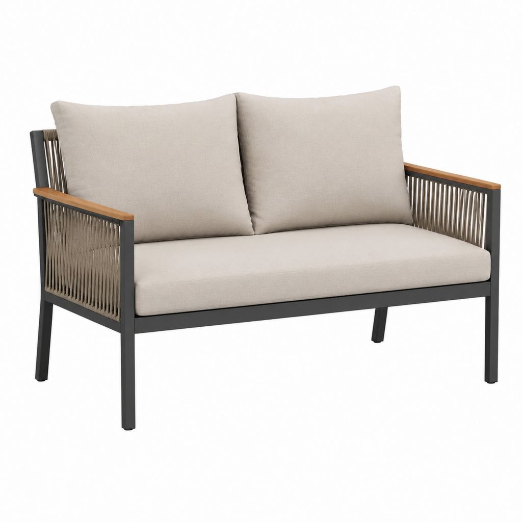 2-Sitzer Gartensofa Beige mit Stahlgestell Polyesterseil und Akazienholz 126 x 75 x 78 cm