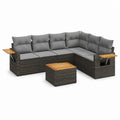 6-teiliges Gartenlounge-Set Polyrattan Grau mit Polyesterkissen und Akazienholz-Ablagen 230 x 230 x 78 cm