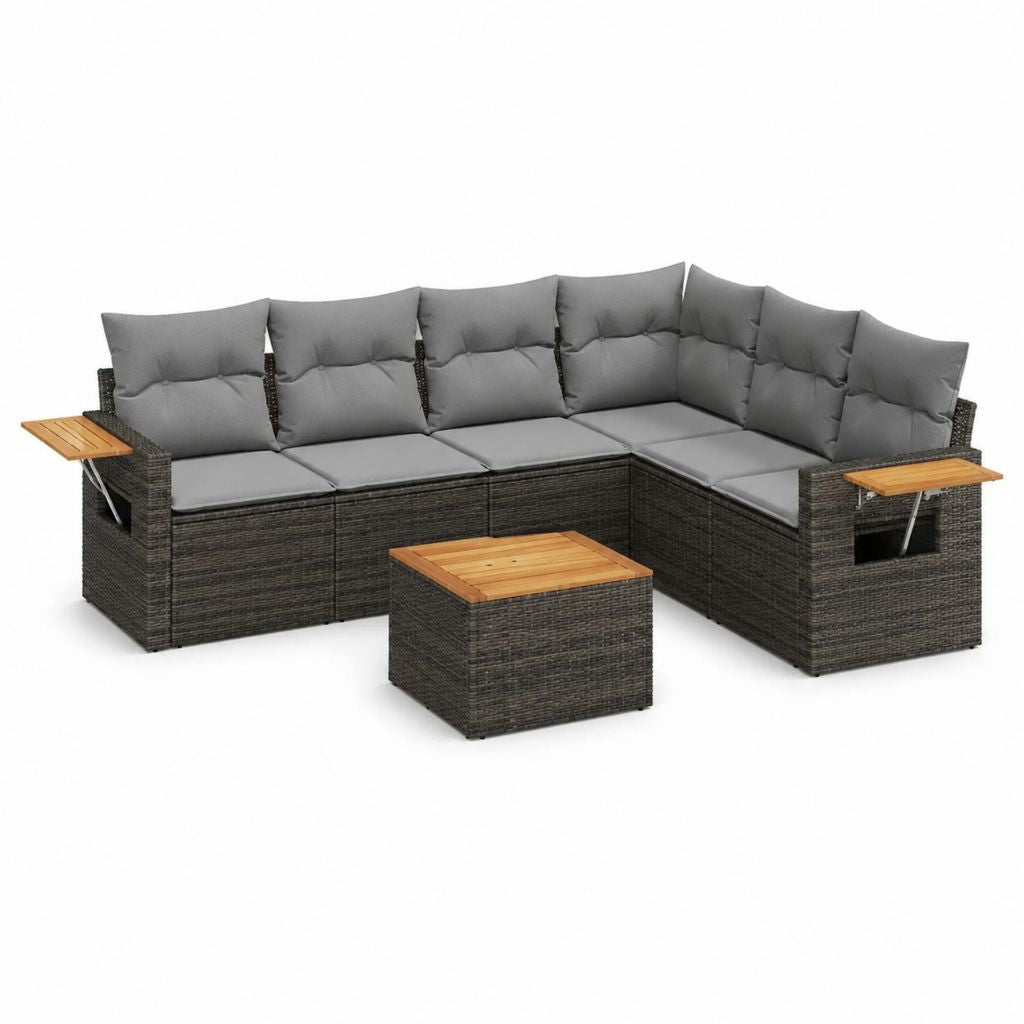 6-teiliges Gartenlounge-Set Polyrattan Grau mit Polyesterkissen und Akazienholz-Ablagen 230 x 230 x 78 cm