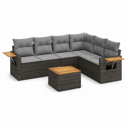 6-teiliges Gartenlounge-Set Polyrattan Grau mit Polyesterkissen und Akazienholz-Ablagen 230 x 230 x 78 cm