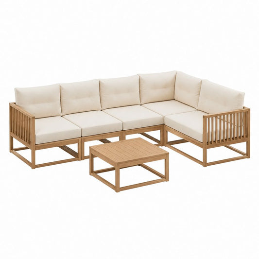Gartenlounge Ecksofa-Set in L-Form Natur aus massivem Akazienholz mit cremefarbenen Polyesterkissen 225 x 150 x 70 cm