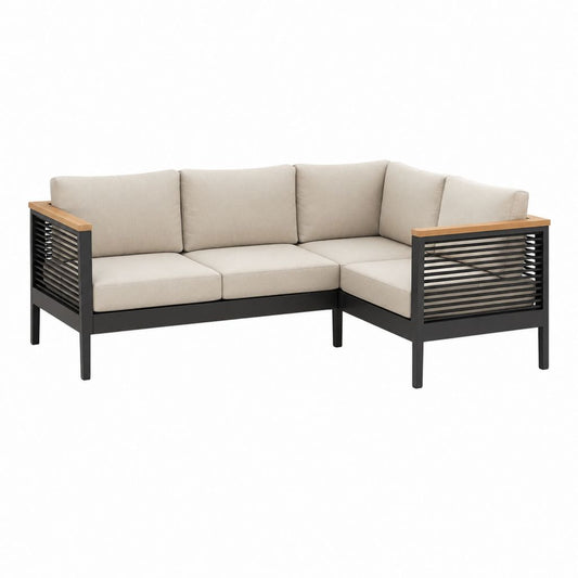 Garten Ecksofa 3-Sitzer Beige Aluminium Akazienholz Polyester L-Form 210 x 150 x 78 cm