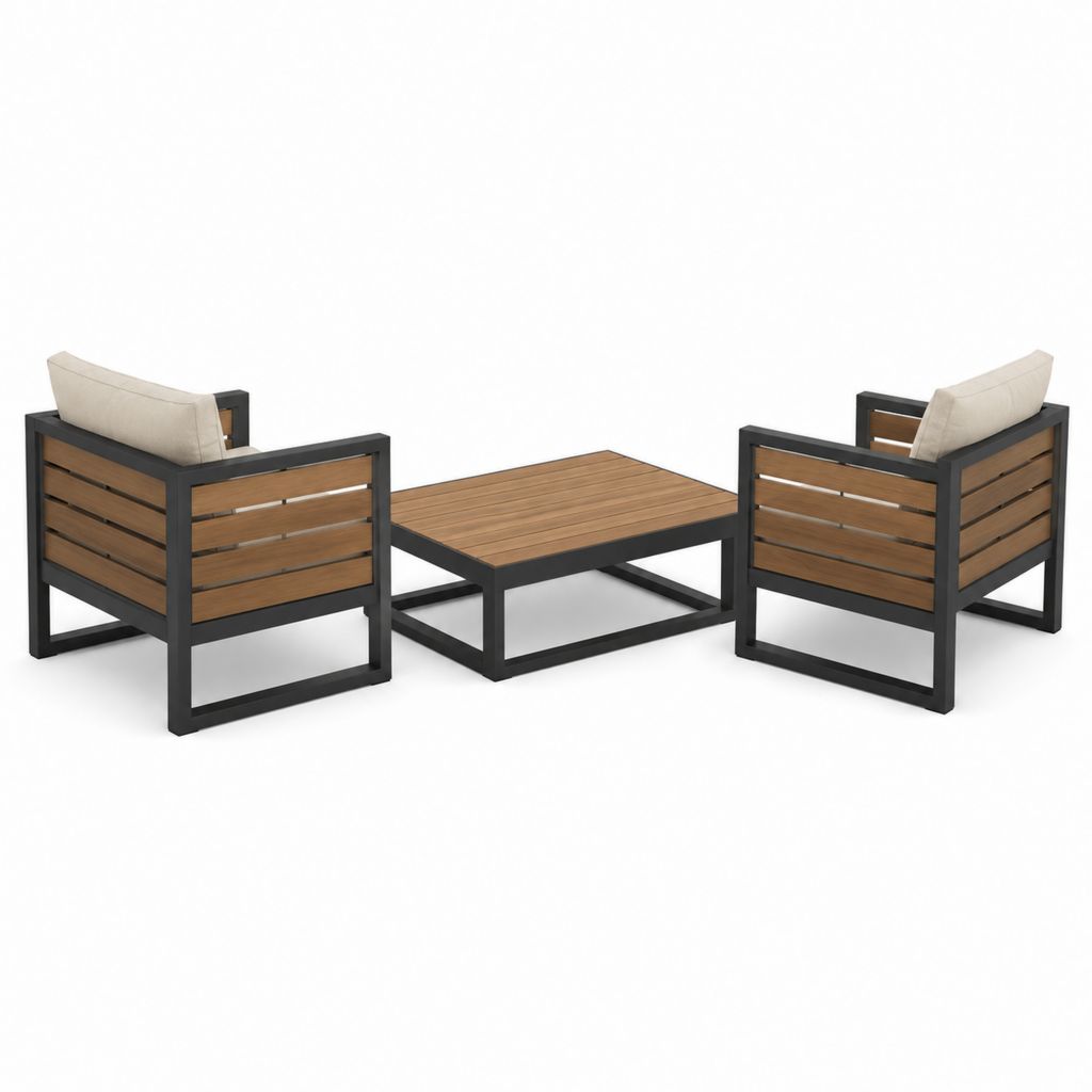 Gartenlounge Set 3-teilig Schwarz Braun aus pulverbeschichtetem Stahl Akazienholz mit beigen Polyesterkissen Sessel 68 x 75 x 70 cm Tisch 100 x 60 x 40 cm