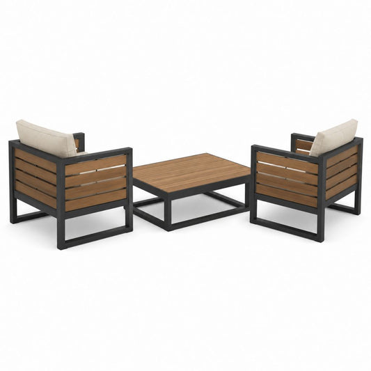 Gartenlounge Set 3-teilig Schwarz Braun aus pulverbeschichtetem Stahl Akazienholz mit beigen Polyesterkissen Sessel 68 x 75 x 70 cm Tisch 100 x 60 x 40 cm
