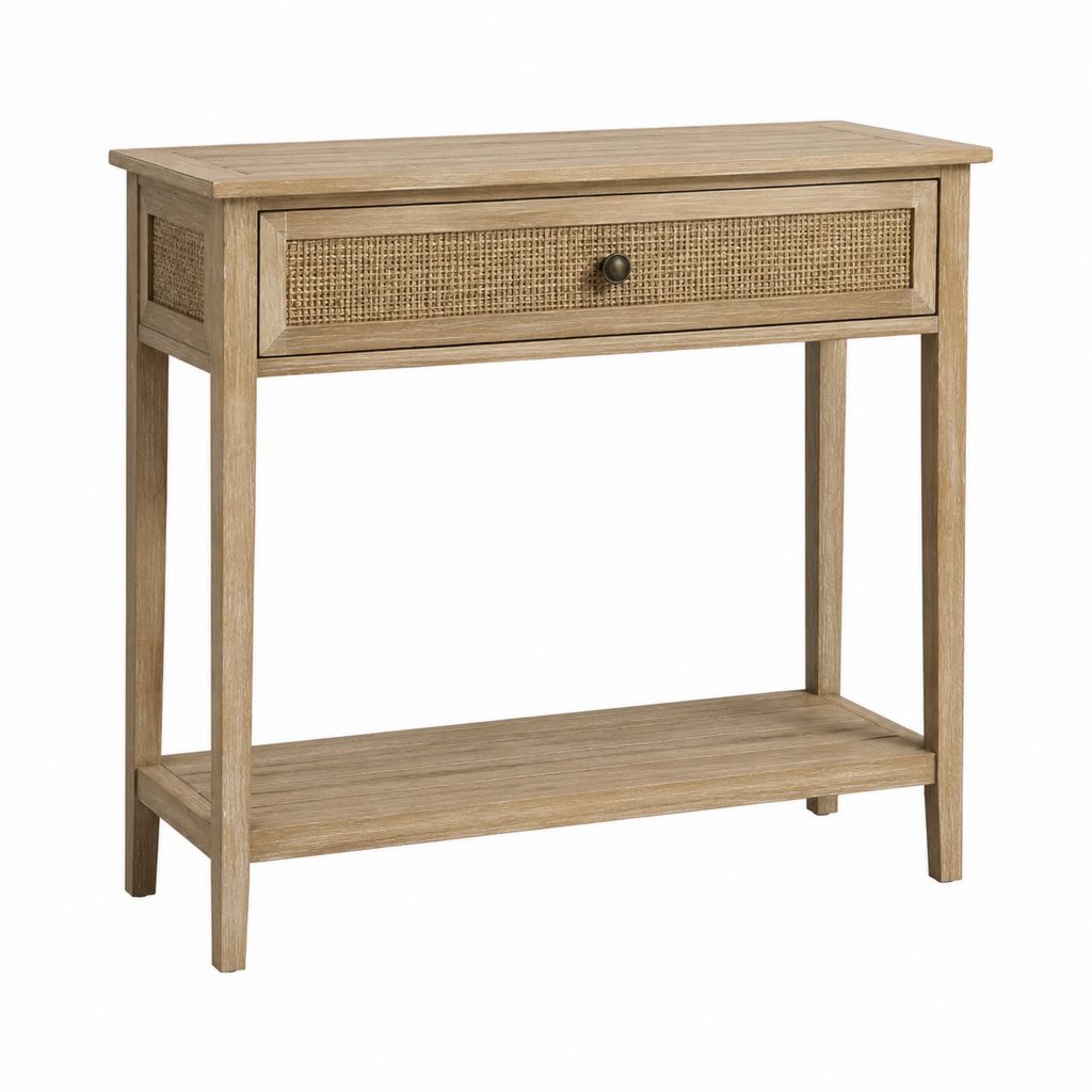 Konsolentisch mit Schublade Naturbraun Massivholz und Rattangeflecht 80 x 35 x 80 cm
