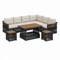 6-teiliges Gartenlounge Set L-Form Schwarz Beige mit PE-Geflecht Stahl und Akazienholz 220 x 220 x 78 cm