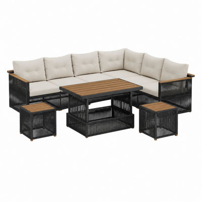 6-teiliges Gartenlounge Set L-Form Schwarz Beige mit PE-Geflecht Stahl und Akazienholz 220 x 220 x 78 cm